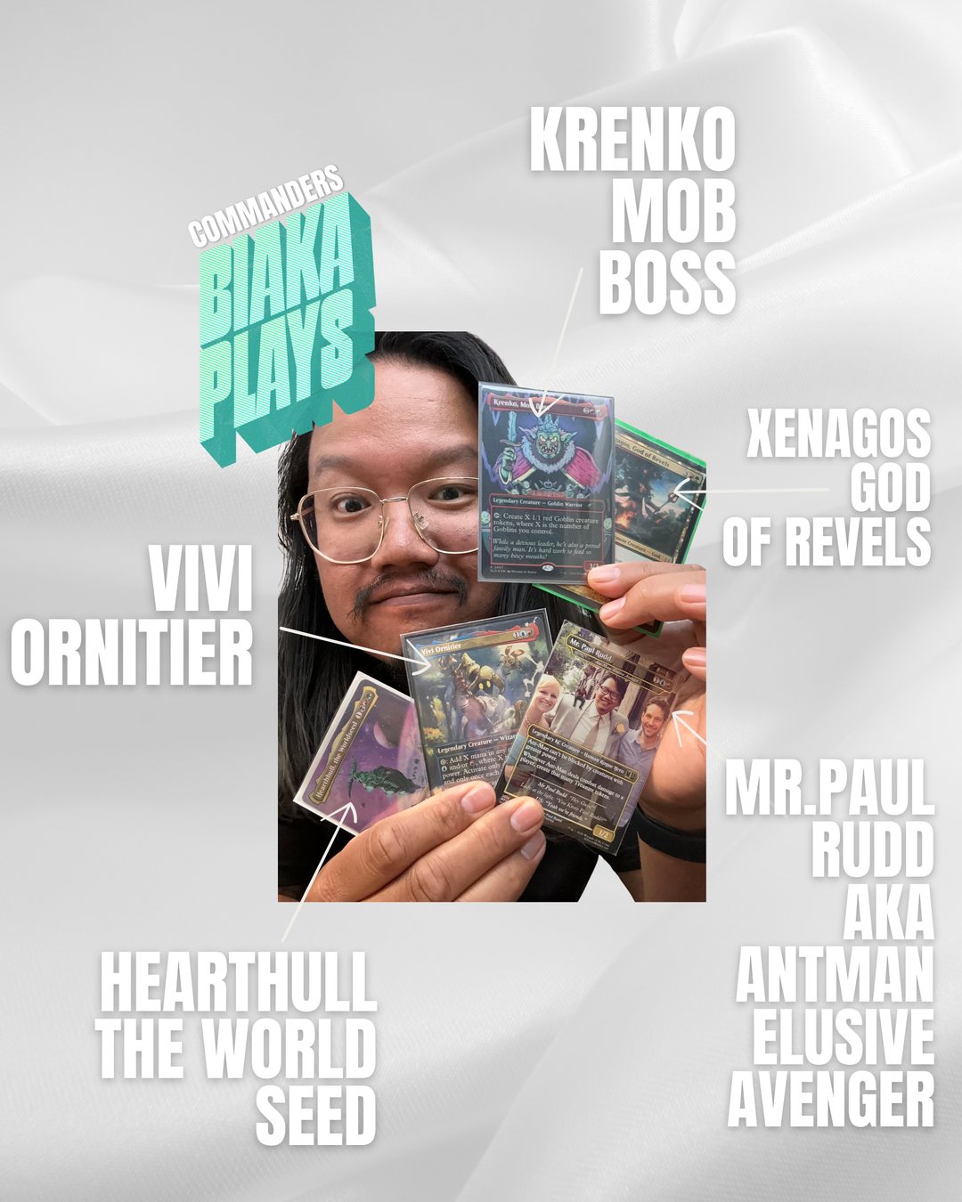 Biaka holding his commander cards: Krenko, Xenagos, Vivi, Hearthhull, and Ant-Man